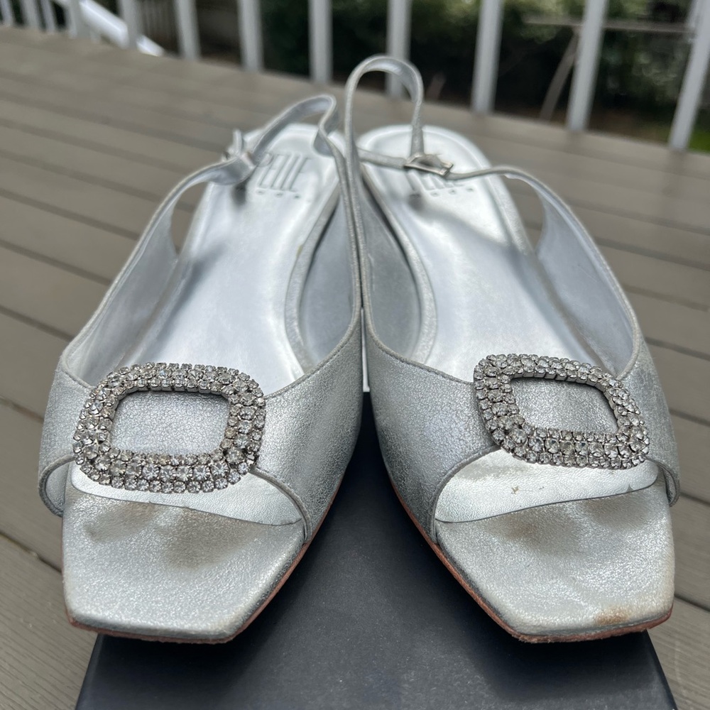 Pelle Moda Silver Rhinestone Buckle Slingback Mules